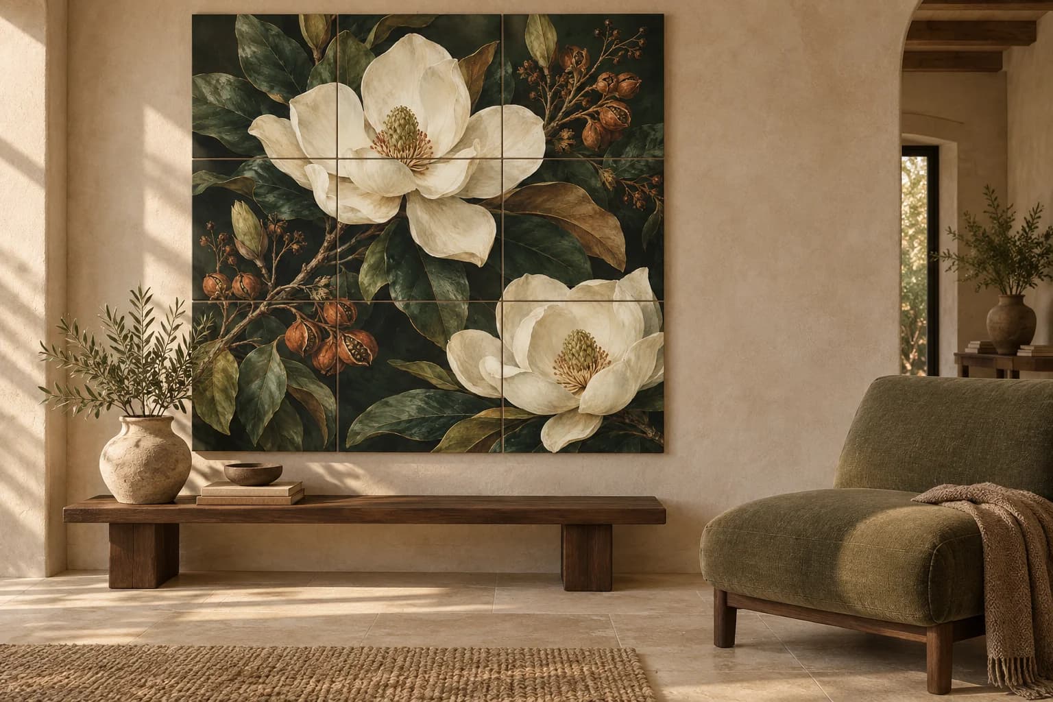 Concept interior with the Midnight Garden artwork continuing across nine tiles above a timber console.