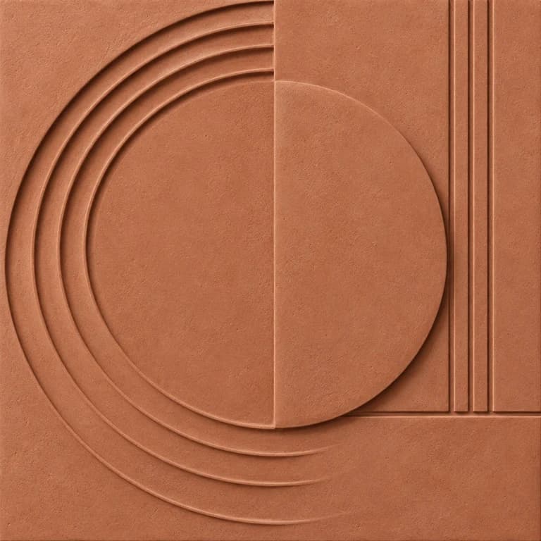 Original tile concept with nested circular arcs, a broad half-disc and fine grooves in dusty terracotta ceramic.