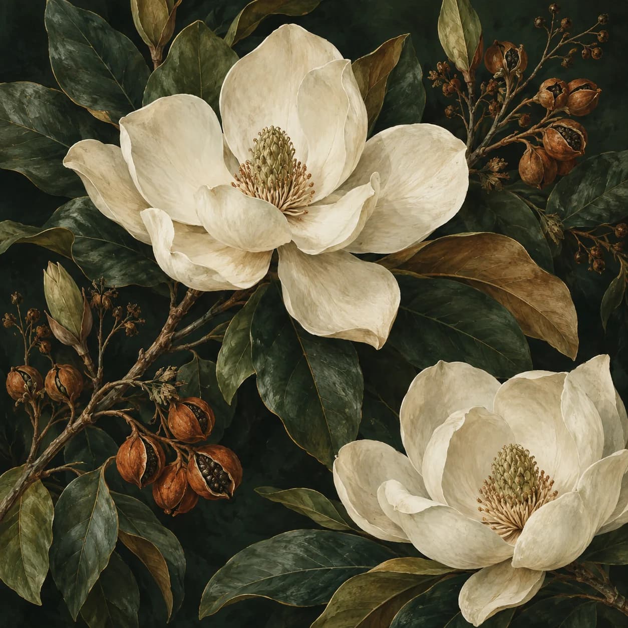 Midnight Garden, a square botanical artwork with pale magnolia flowers and deep green leaves.