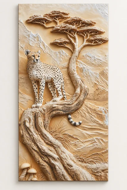 Portrait sample image of a spotted cat perched on a tree beneath an acacia canopy in cream and tan.