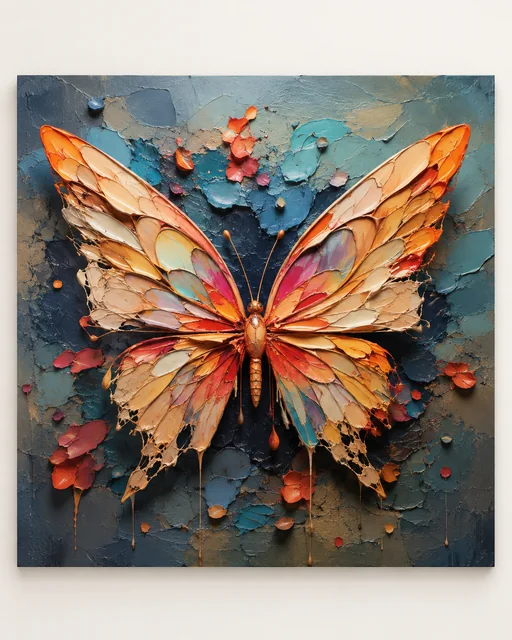 Portrait sample image of an amber-orange butterfly with spread wings against a dark blue textured background.