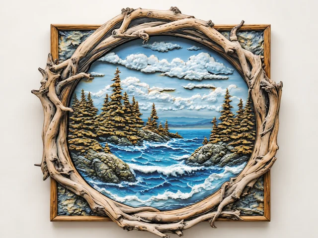Landscape sample image of blue waves and golden conifers within a circular frame resembling curling driftwood.
