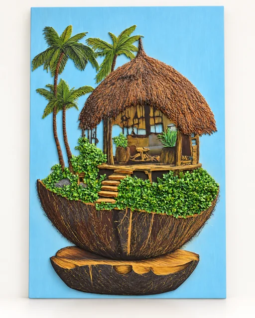 Portrait sample image of a thatched tropical hut and palms inside a split coconut against a blue background.