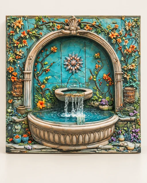 Portrait sample image of a turquoise arched fountain surrounded by flowering branches.