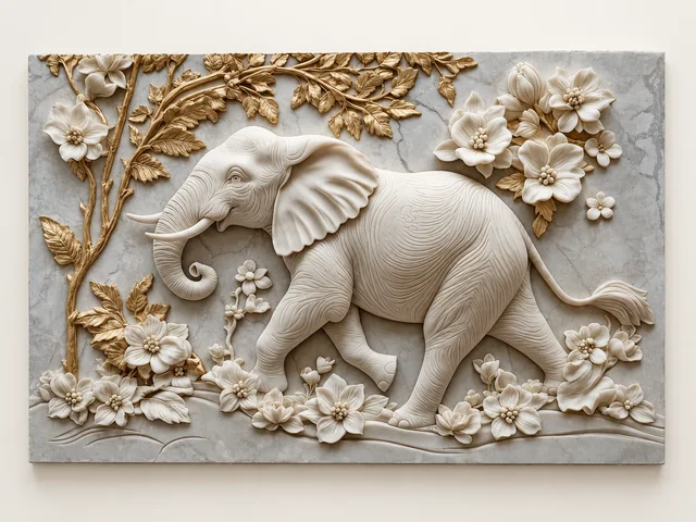 Landscape sample image of a white elephant in profile surrounded by cream flowers and gold-coloured leaves.