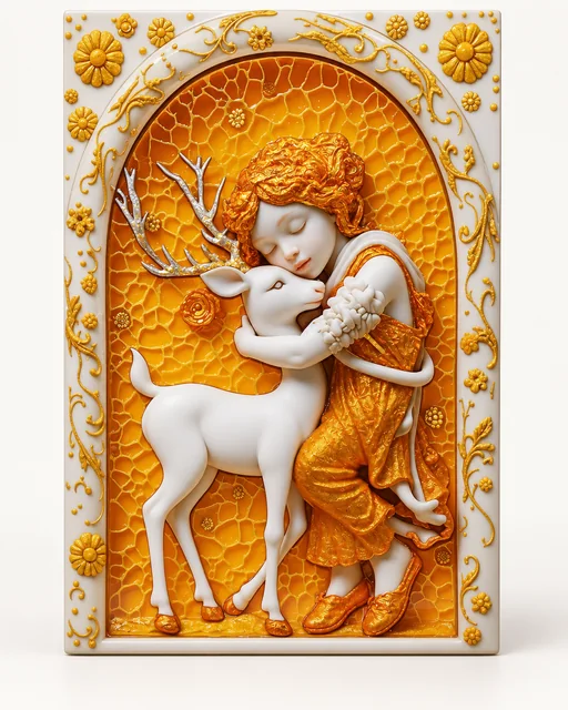 Portrait sample image depicting child Krishna embracing a white calf beneath a gold-coloured arch.