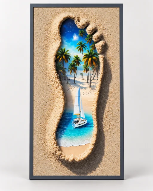 Portrait sample image of a footprint-shaped tropical beach scene containing palms, blue sea and a sailboat.