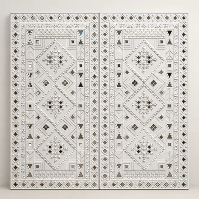 Square sample image showing two cream geometric panels with repeating diamond and triangle patterns.