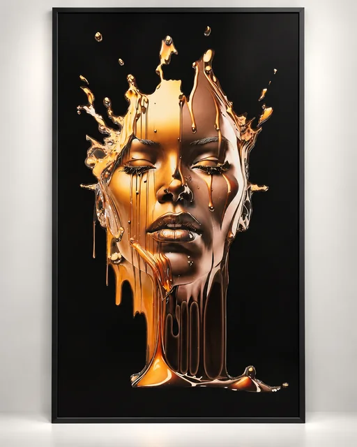 Portrait sample image of a gold-coloured face surrounded by flowing liquid-like splashes against black.