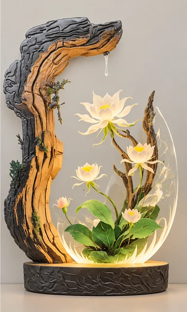 Tall sample image of pale glowing lotus blooms enclosed by a curved dark frame resembling wood.