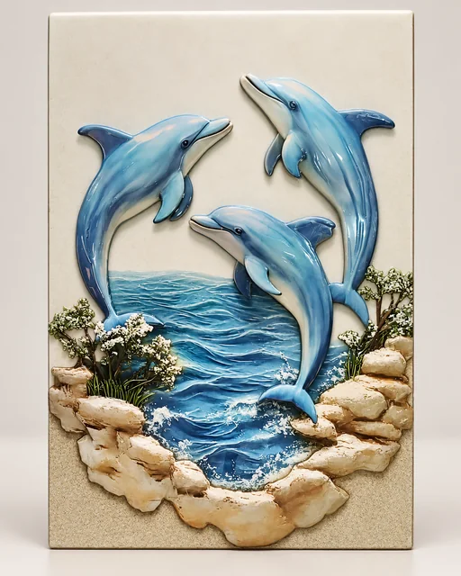 Portrait sample image of three blue dolphins leaping above foaming waves and pale rocks.
