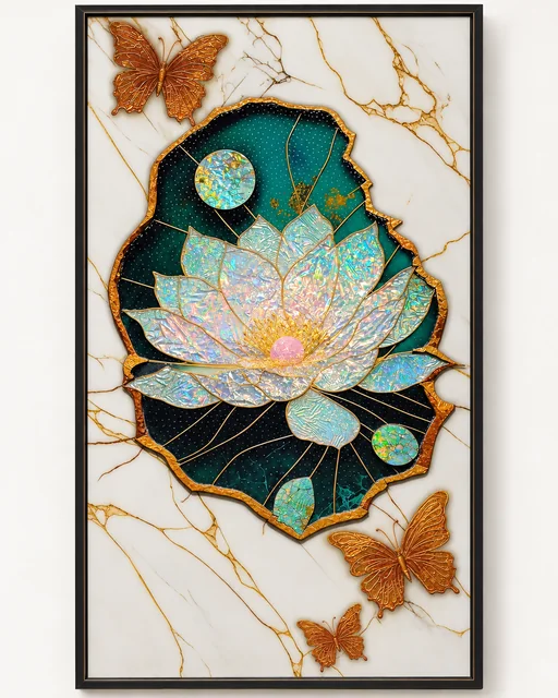 Portrait sample image of an iridescent lotus on a dark teal centre, framed by gold-coloured branches and butterflies.