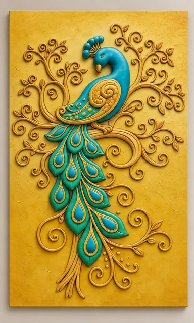 Tall sample image of a teal and blue peacock surrounded by ornamental gold-coloured curls on a mustard ground.