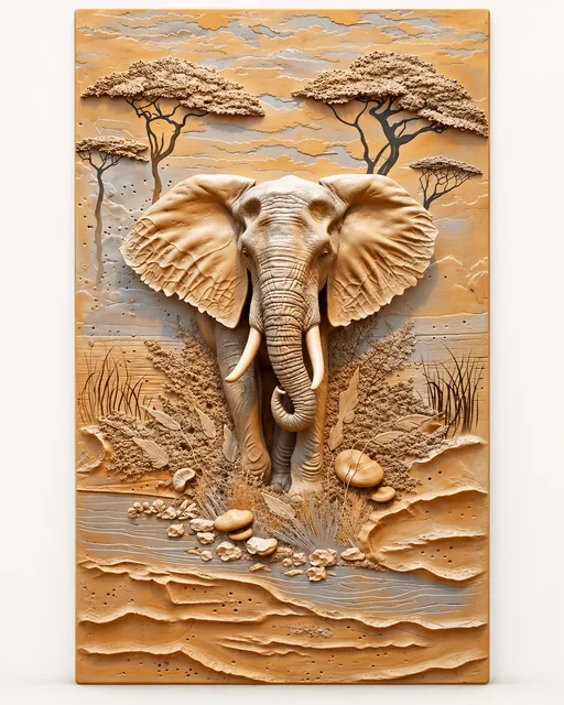 Portrait sample image of a front-facing elephant with acacia trees in a cream and ochre landscape.