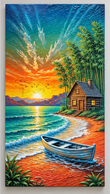 Tall sample image of a small blue boat on a beach with bamboo and a wooden hut beneath a vivid sunset.