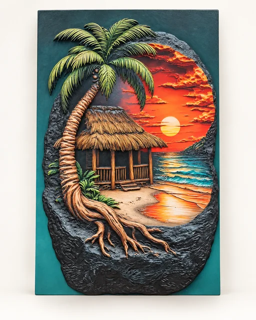 Portrait sample image of a palm and thatched hut within a dark organic shape against an orange sunset.