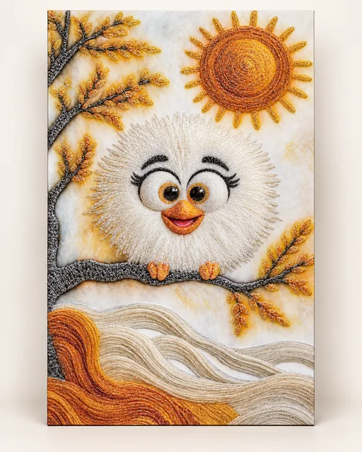 Portrait sample image of a white owl perched on a branch before a golden sun and flowing ochre landscape.