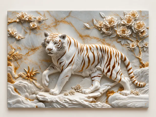 Landscape sample image of a white tiger among pale roses and curling gold-coloured foliage.