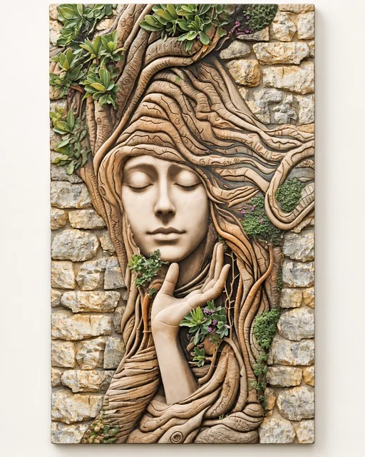 Portrait sample image of a serene face framed by curling wood-like forms and green leaves against a stone-like ground.